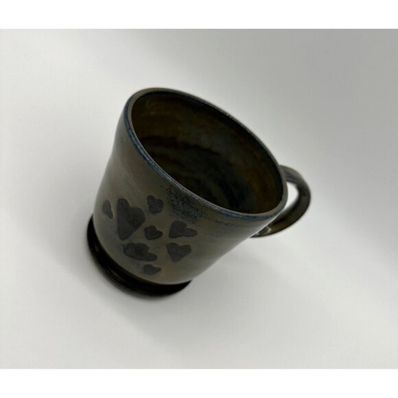 Handmade Art Pottery Mug Black Hearts Gray Cup Signed KLA Footed Love Valentines - Picture 1 of 10